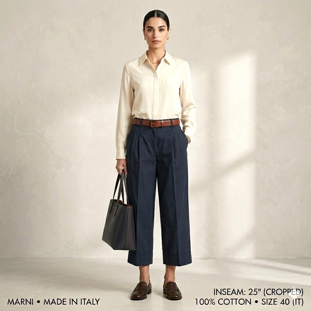MARNI Navy Cotton Wide Leg Cropped Trousers IT 40 US 4 (Fits 6/8) Made in Italy‎